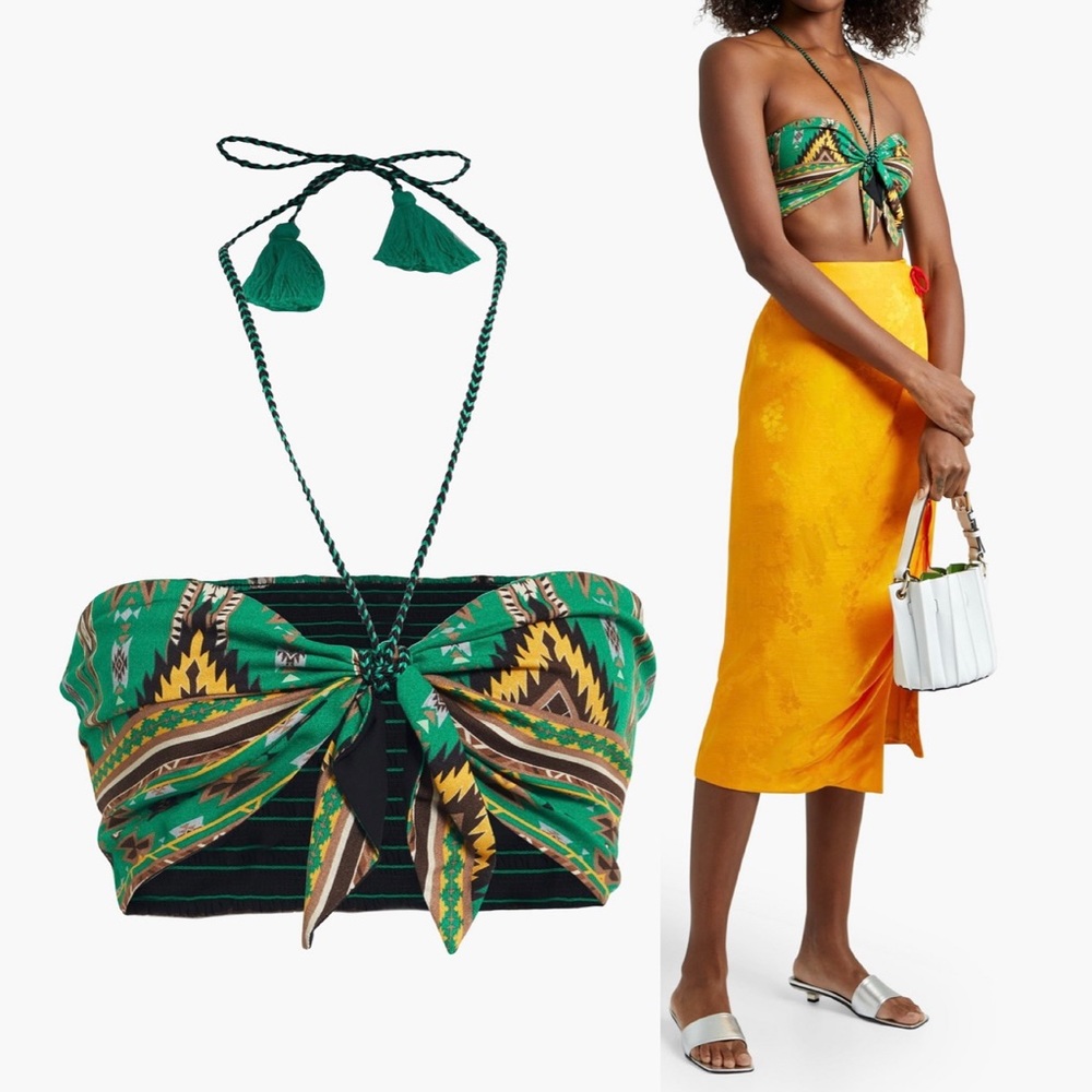 NEW🍉Alice + Olivia Knotted Printed Crepe Halterneck Livia Bra Top Green/Yellow